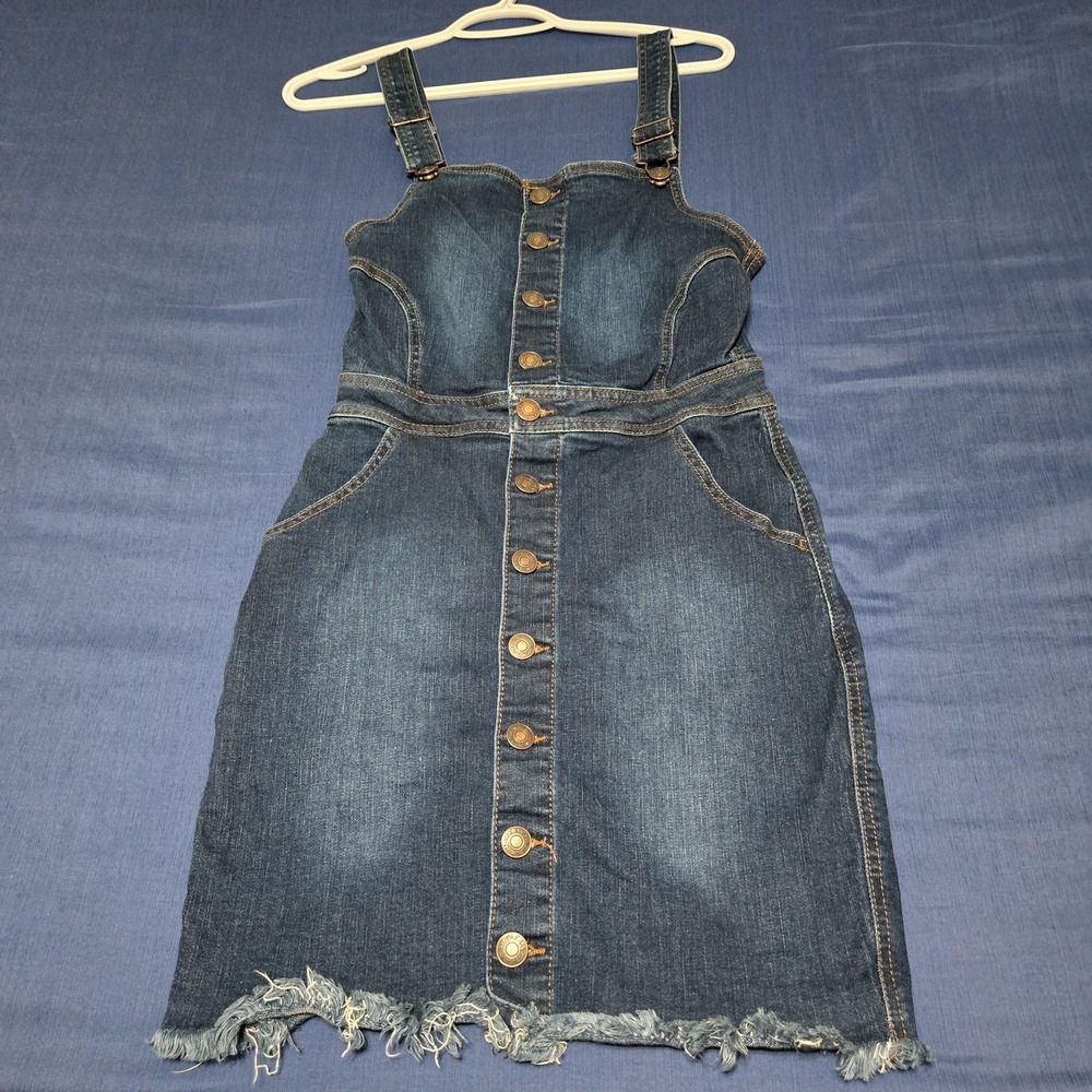 Wax Jean Overall Dress Womens S Blue Denim Button‎ Front Frayed Hem Stretch